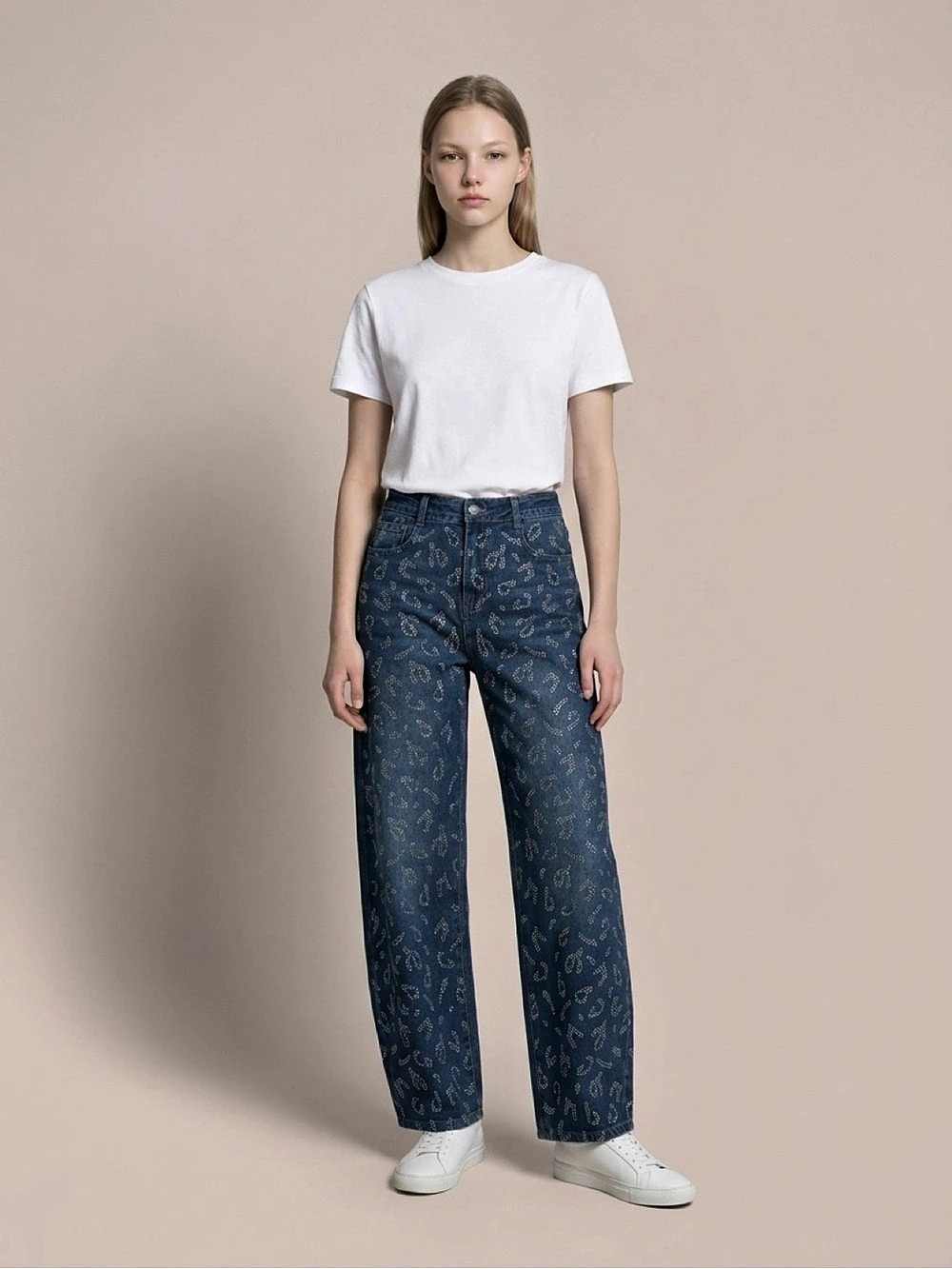 Embellished Animal Print barrel Leg Jeans